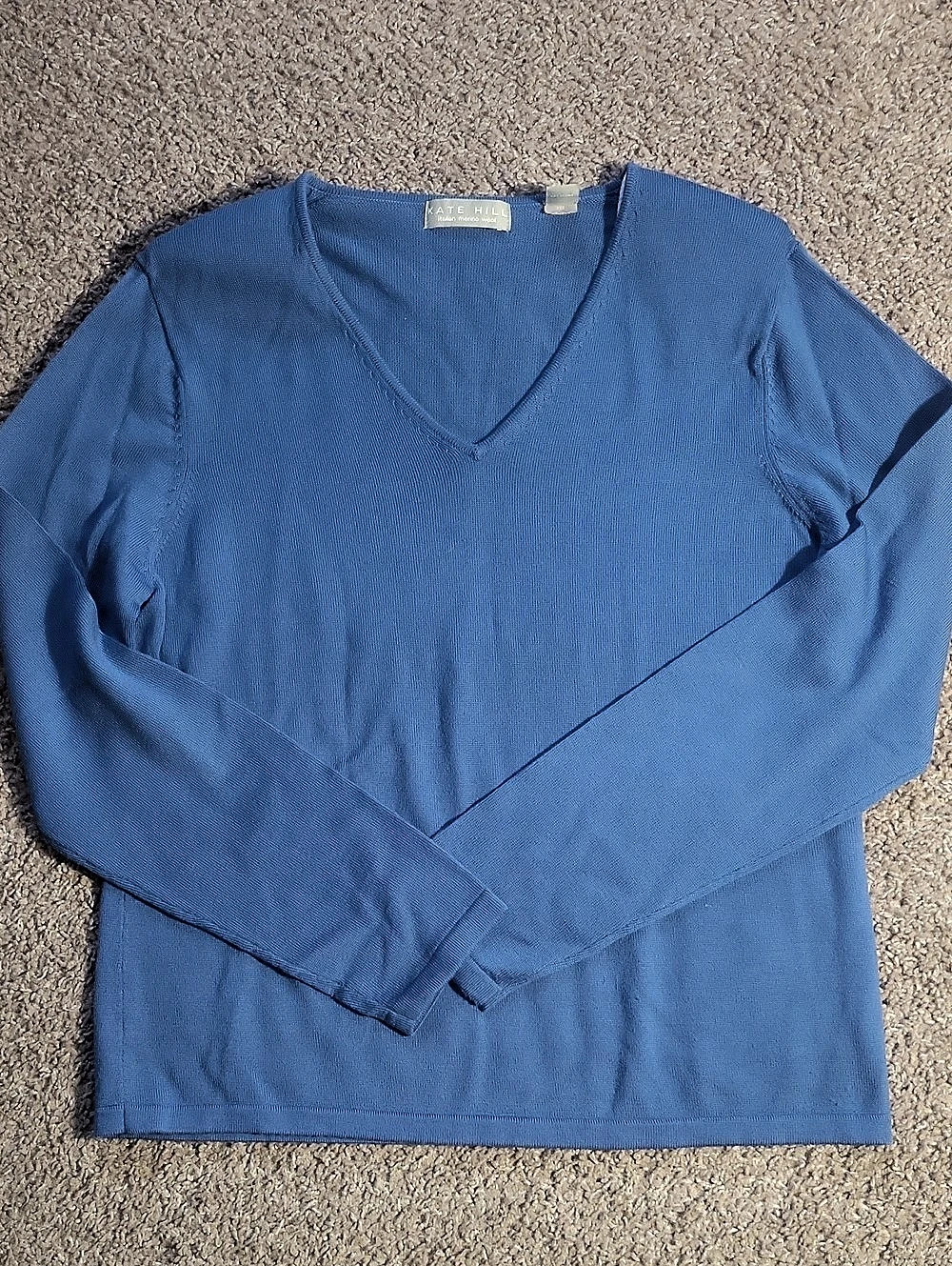 KATE HILL Blue V-Neck Long Sleeve Top Size Large Italian Merino Wool